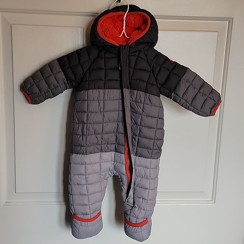 Snozu infant snowsuit, 3-6 months. Different shades of gray with orange lining.